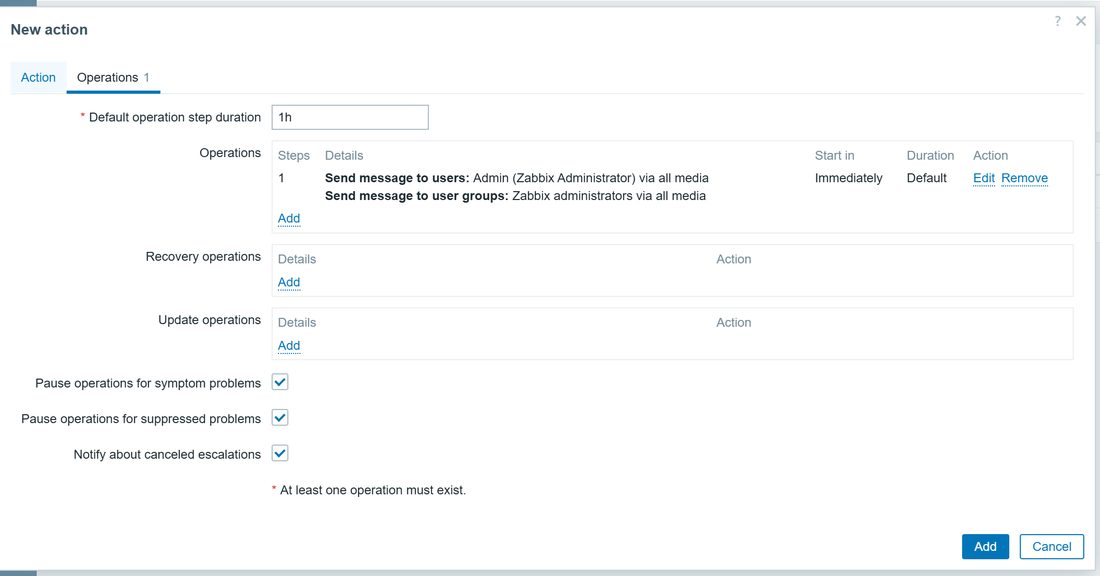 New action 的 Operations 页:动作是 Send message to users 和 user groups,立即执行