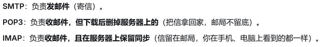 SMTP 负责发邮件,POP3 收完就把服务器上的删掉,IMAP 收完在服务器上保留同步