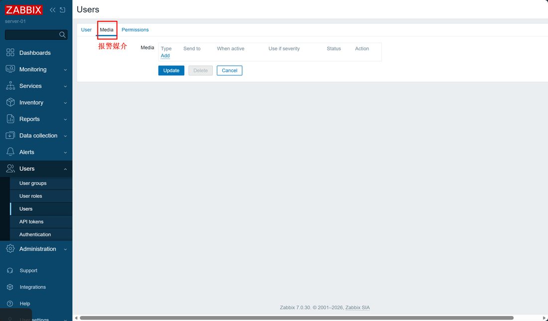 Users → 某个用户的 Media 标签页,在这里给他的告警媒介加一条 email