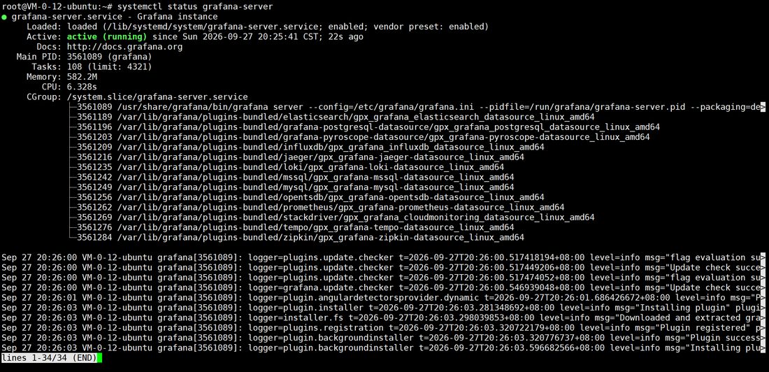 systemctl status grafana-server,active (running),下面一串 grafana-*-datasource 插件在加载