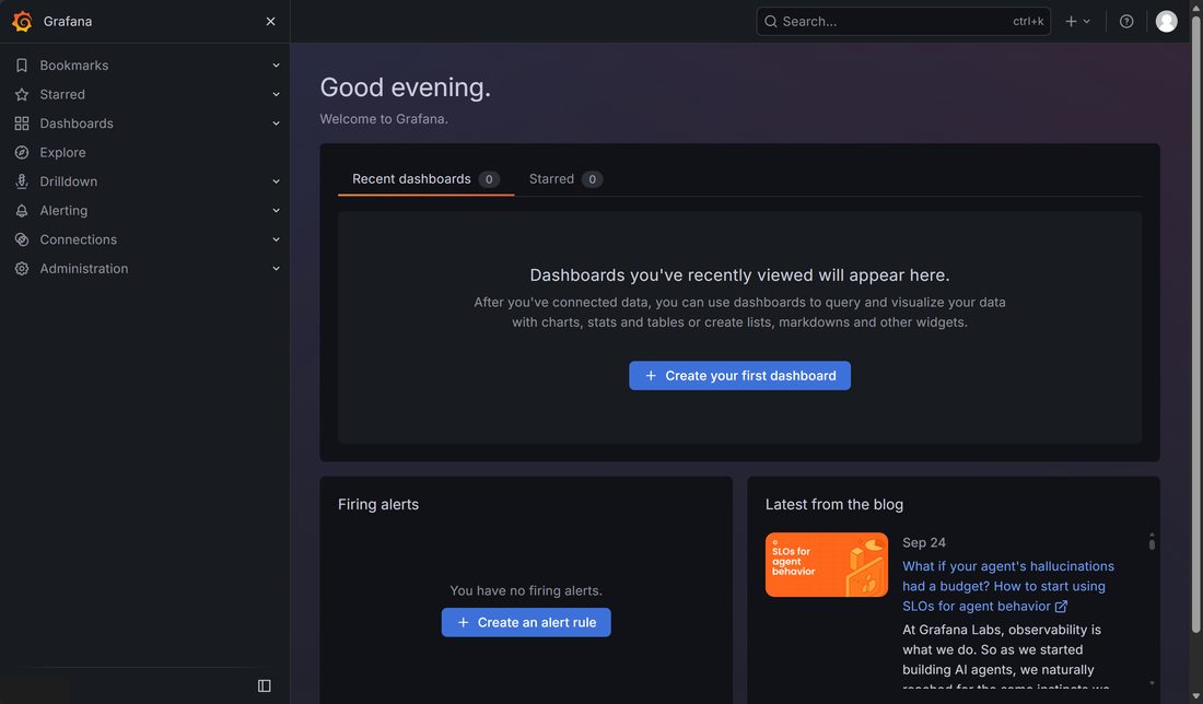 Grafana 首页,Recent dashboards 是空的,中间是 Create your first dashboard