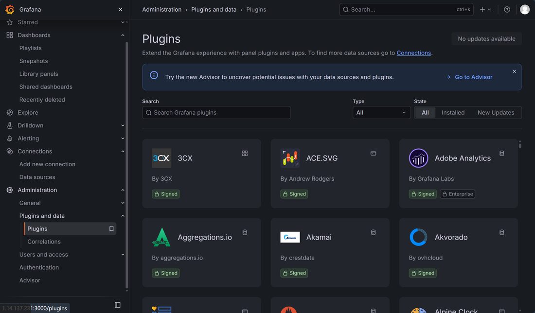 Grafana 的插件页 Administration → Plugins and data → Plugins,数据源插件都在这里看版本