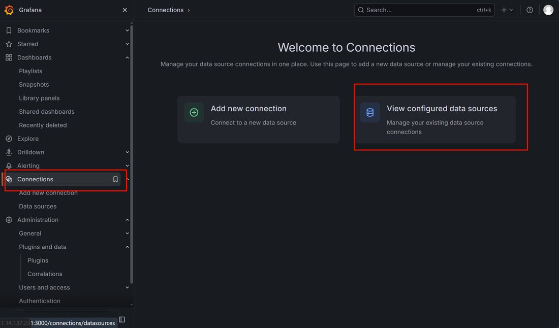 Connections 页,左边红框是入口,右边可以看已经配置过的数据源