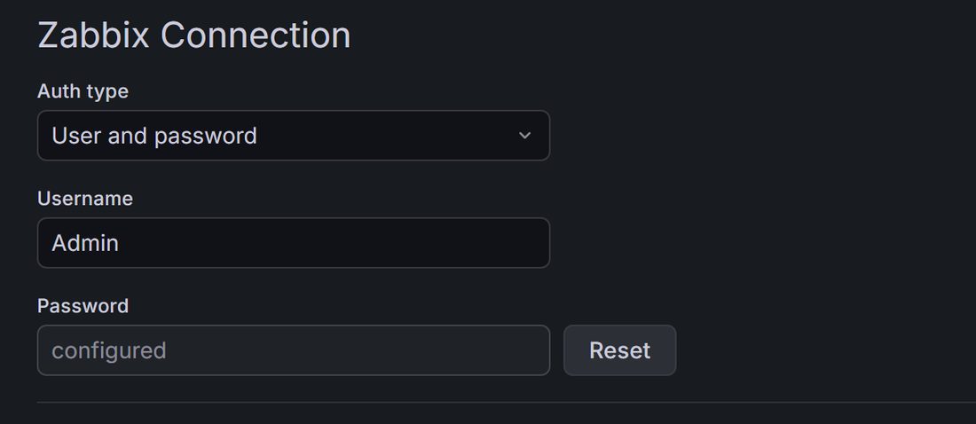 Zabbix Connection:Auth type 选 User and password,Username 填 Admin,Password 已配置