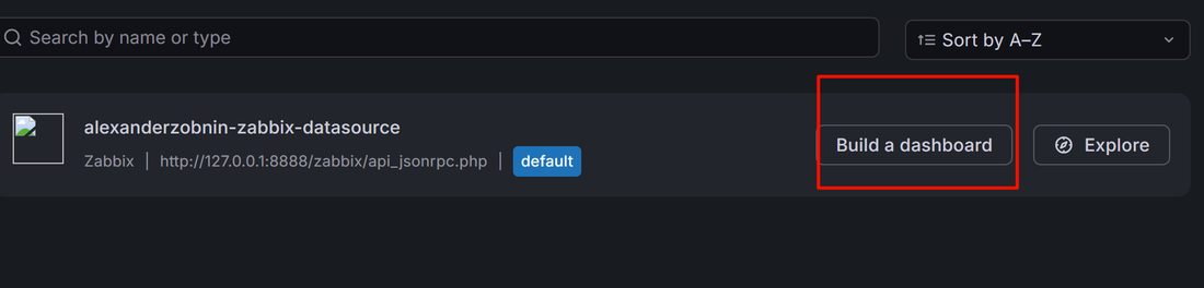 数据源列表里选中刚才那个 zabbix 数据源,右边是 Build a dashboard 和 Explore 两个入口