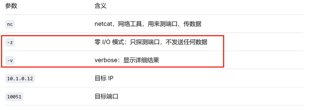 nc 的 -z 是零 I/O 模式只探端口不发数据,-v 是显示详细结果,后面跟目标 IP 和端口