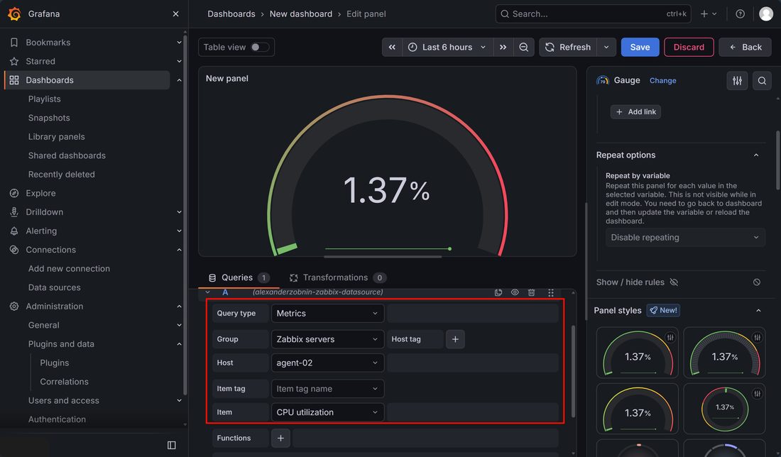 Grafana 的 Query 配置:Query type 选 Metrics,Group 选 Zabbix servers,Host 选 agent-02,Item 选 CPU utilization